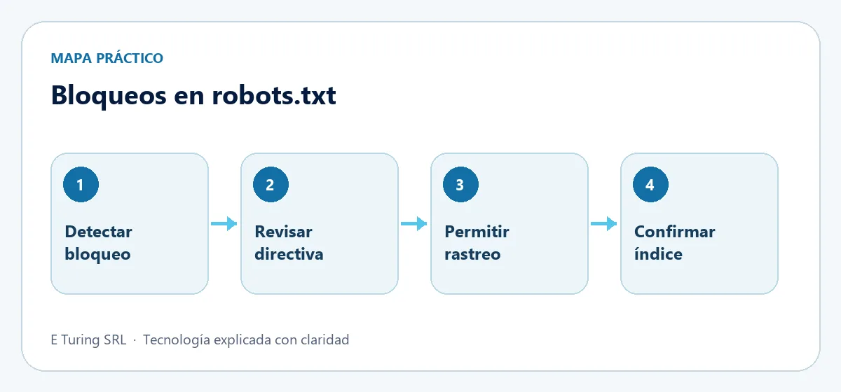 Mapa práctico con cuatro etapas para aplicar Bloqueada por robots.txt: qué significa y cómo se arregla de verdad