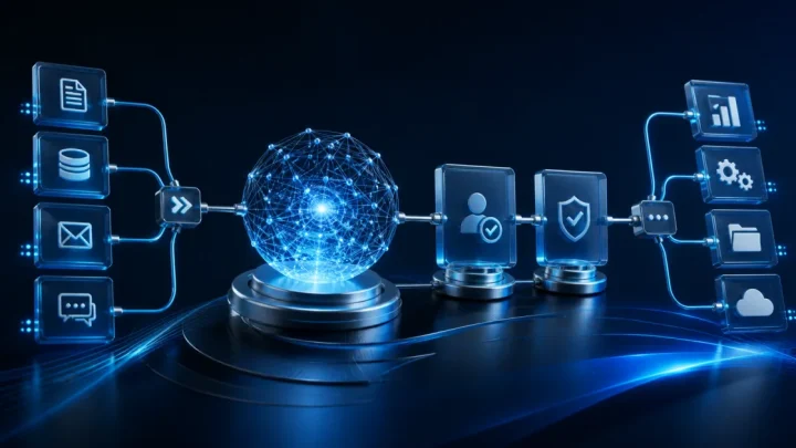 Flujo de automatización empresarial con sistemas conectados, inteligencia artificial y controles de aprobación