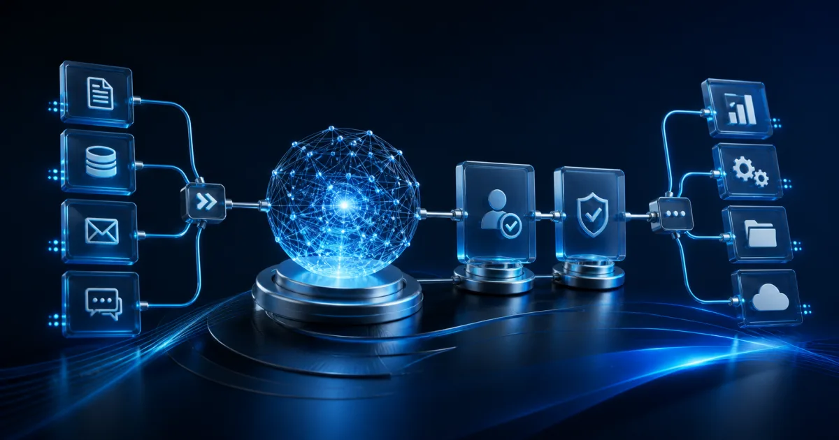 Flujo de automatización empresarial con sistemas conectados, inteligencia artificial y controles de aprobación