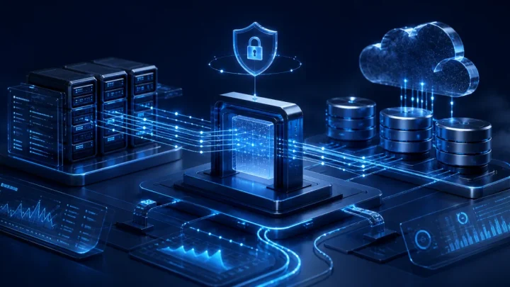 Arquitectura de backend con servidores, API segura, bases de datos, nube y monitoreo