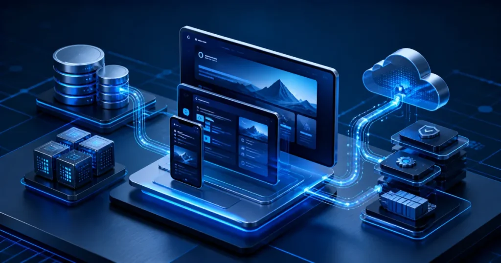 Capas conectadas de una plataforma web full stack en distintos dispositivos