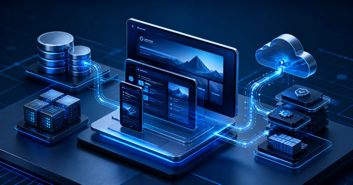 Capas conectadas de una plataforma web full stack en distintos dispositivos