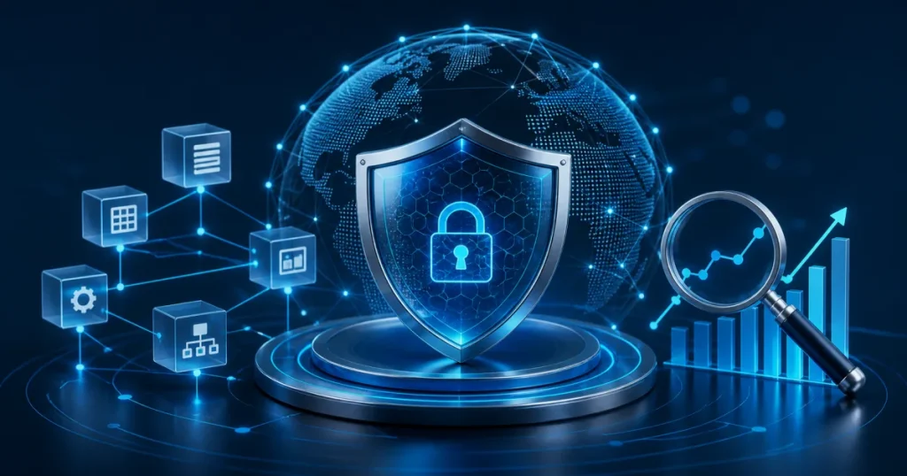 Escudo de seguridad, red protegida, contenido estructurado y crecimiento de visibilidad digital