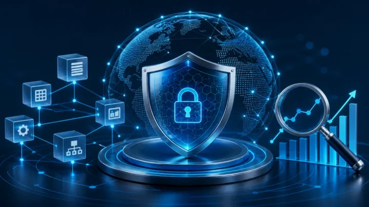 Escudo de seguridad, red protegida, contenido estructurado y crecimiento de visibilidad digital