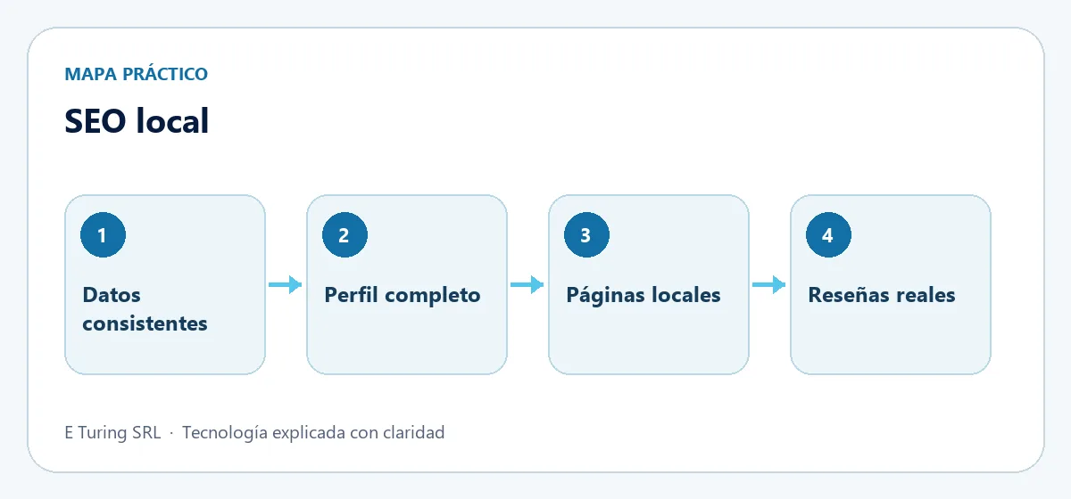 Mapa práctico con cuatro etapas para aplicar SEO local: cómo aparecer en las búsquedas de tu zona y en Google Maps