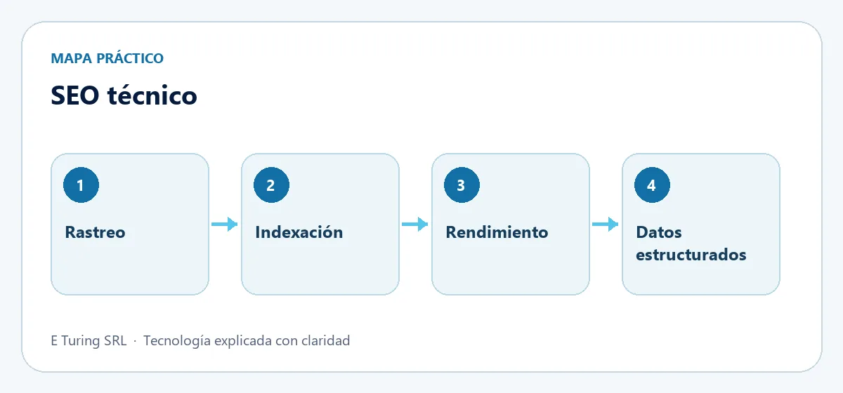 Mapa práctico con cuatro etapas para aplicar SEO técnico: qué es y cómo mejorarlo paso a paso