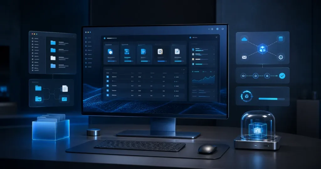 Estación de trabajo con módulos de software, archivos, integraciones y actualización controlada