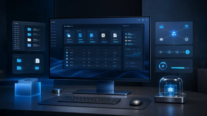 Estación de trabajo con módulos de software, archivos, integraciones y actualización controlada