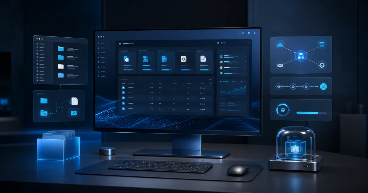 Estación de trabajo con módulos de software, archivos, integraciones y actualización controlada